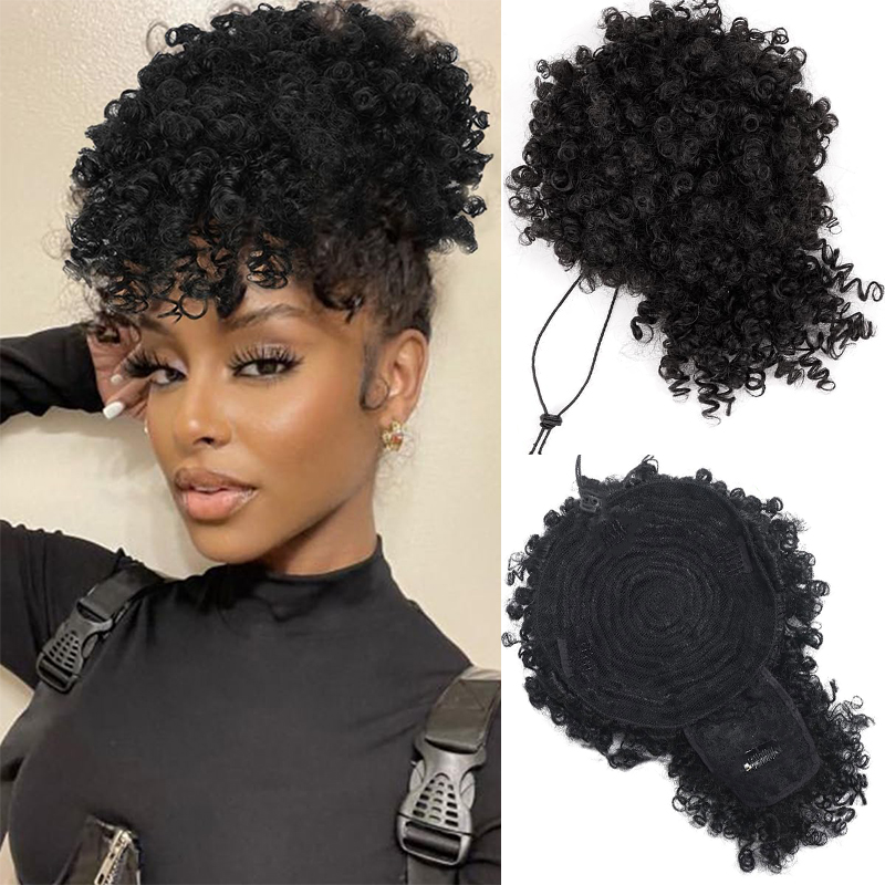 Drawstring Afro Curly Puff Ponytail - AfroพัฟKinky CurlyผมUpdoต่อผมหางม้ากับBangs Drawstringหางม้าสําหรับผู้หญิงสีดํา,ผมหางม้าสังเคราะห์