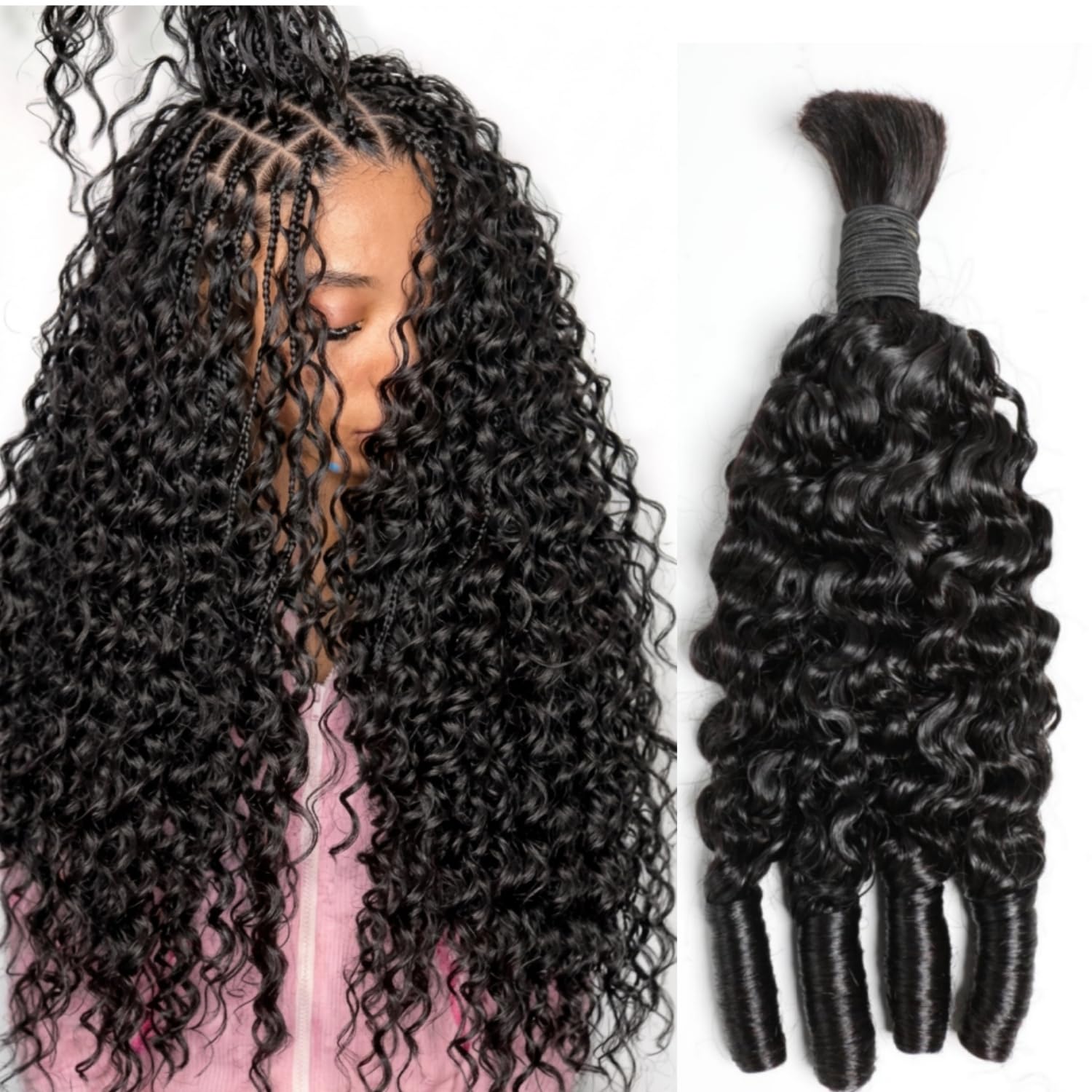 Water Wave Bulk Human Hair For Braiding - ผมถักเปียแบบโบฮีเมียน ผมมนุษย์แบบมัดเป็นช่อ สำหรับถักเปียแบบโบฮีเมียน สำหรับผู้หญิงผิวสีดำ สีดำธรรมชาติ