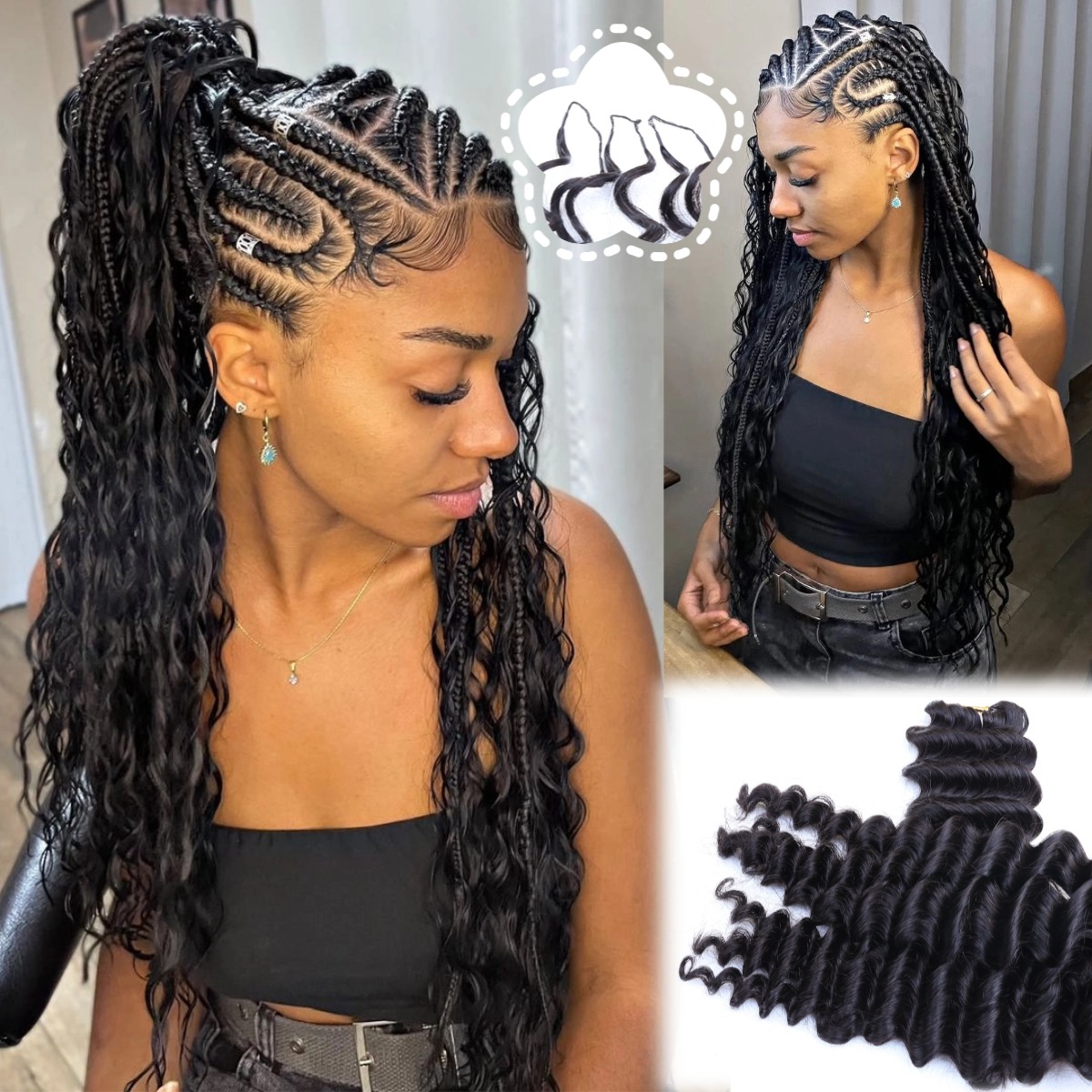 Hair Bundles - ผมแท้ถักโครเชต์ลอนลึกสีดำธรรมชาติ 100% ผมแท้แยกช่อสำเร็จรูป ต่อผมแบบไร้ปม ลักษณะคล้ายขนนก มองไม่เห็น