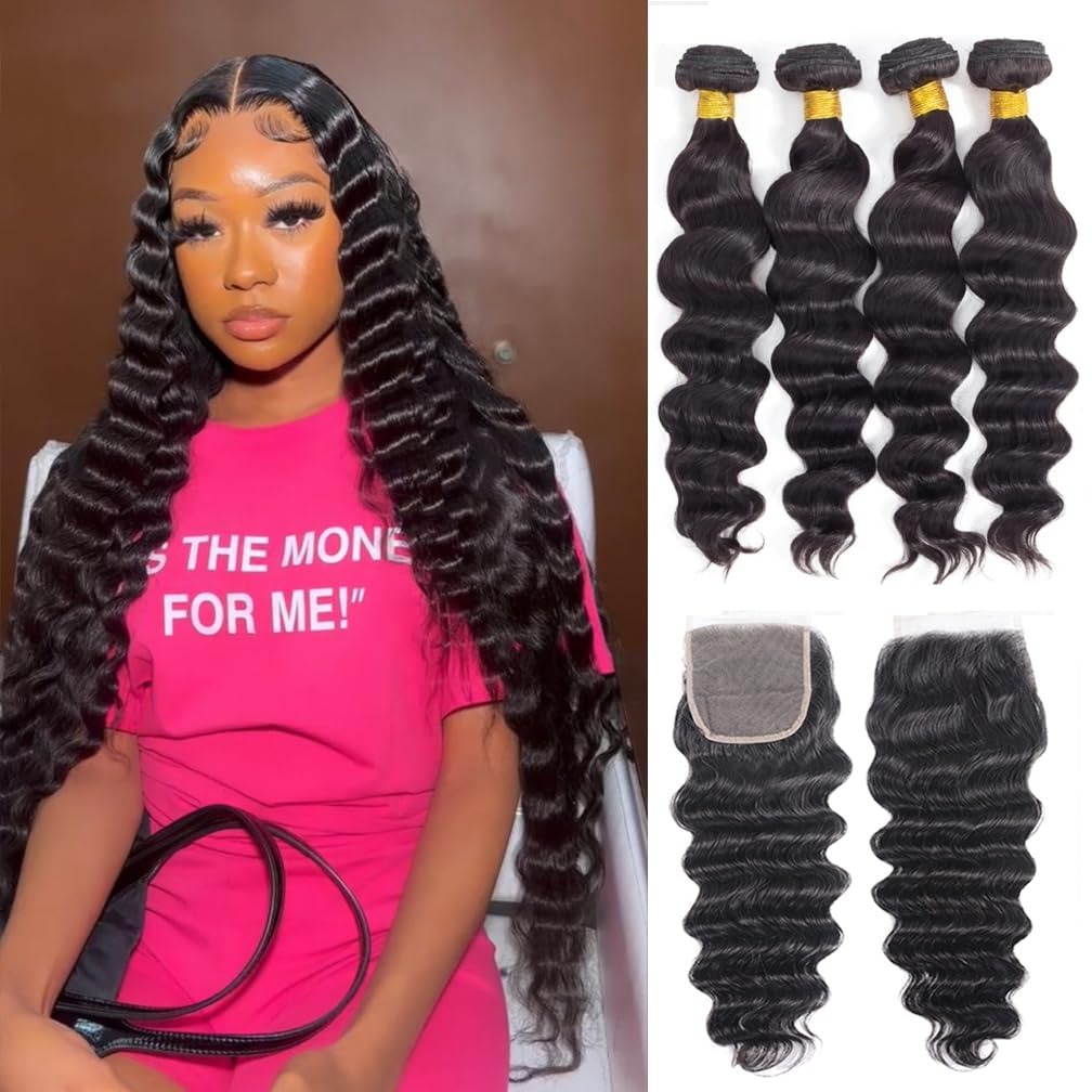 Deep Wave 3 Bundles With Closure - ผมต่อแบบลอนหลวมขนาด 30 นิ้ว พร้อมผมปิดหน้าผาก เกรด 12A