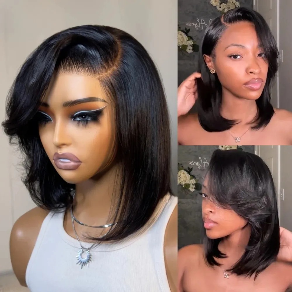 Pre Parted 13X4 Lace Front Bob Wig - วิกผมบ๊อบสั้นสีดำแบบตรง พร้อมหน้าม้า วิกผมลูกไม้แบบ HD 13x4 วิกผมสั้นแบบถักเปียด้านข้าง