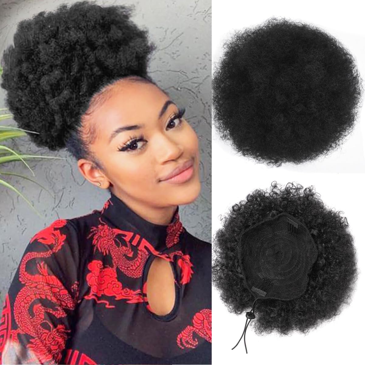Drawstring Afro Curly Puff Ponytail - AfroพัฟDrawstringหางม้าสําหรับผู้หญิงสีดําสั้นKinky Curly Afroหางม้าสังเคราะห์ผมพัฟAfro Bunหางม้า